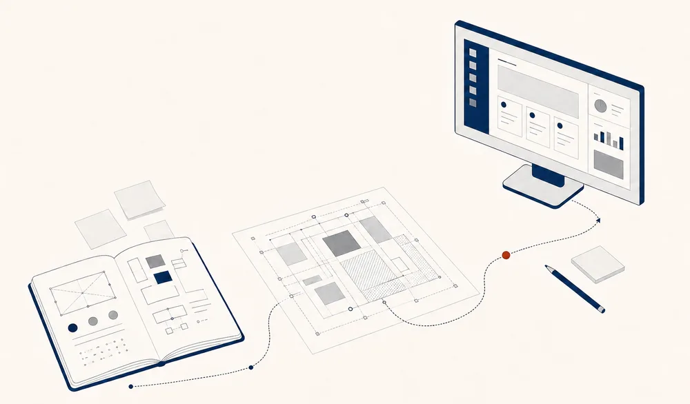 Un carnet de notes annoté mène à un plan de mise en page, puis à une interface construite à l’écran.